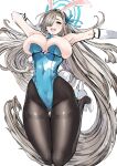  1girl absurdly_long_hair absurdres animal_ears aqua_bow aqua_bowtie aqua_leotard armpits ass_visible_through_thighs asuna_(blue_archive) asuna_(bunny)_(blue_archive) bangs bare_shoulders black_legwear blonde_hair blue_archive blue_leotard blue_ribbon bow bowtie breasts bursting_breasts cleavage commission covered_navel detached_collar elbow_gloves fake_animal_ears from_below full_body gloves green_eyes hair_ornament hair_over_one_eye hair_ribbon halo happy high_heels highres hip_bones houden_eizou huge_breasts jumping leotard linea_alba long_hair looking_at_viewer mole mole_on_breast navel open_mouth outstretched_arms pale_skin pantyhose playboy_bunny rabbit_ears ribbon shiny shiny_clothes sideboob simple_background skeb_commission solo teeth thigh_gap thighband_pantyhose thong_leotard underboob undersized_clothes upper_teeth very_long_hair white_background white_footwear white_gloves 