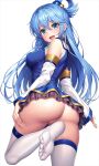  1girl :d aqua_(konosuba) arched_back arms_at_sides ass bangs bare_shoulders blue_eyes blue_hair blue_shirt blue_skirt breasts commentary covered_nipples cowboy_shot detached_sleeves eyebrows_visible_through_hair feet frilled_skirt frills from_behind from_below hair_between_eyes hair_bobbles hair_ornament hair_rings hand_on_own_thigh kono_subarashii_sekai_ni_shukufuku_wo! lambda_(kusowarota) leg_up long_hair long_sleeves looking_at_viewer looking_back looking_down medium_breasts miniskirt no_panties no_shoes open_mouth pussy shirt simple_background skirt sleeveless sleeveless_shirt smile soles solo standing standing_on_one_leg thighhighs toes uncensored white_background white_legwear white_sleeves 
