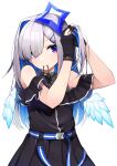  1girl absurdres amane_kanata angel_wings asymmetrical_hair bangs bare_shoulders black_dress black_gloves blue_eyes blue_hair closed_mouth colored_inner_hair dress eyebrows_visible_through_hair eyes_visible_through_hair gloves grey_hair hair_ornament hair_over_one_eye hair_tie_in_mouth hairclip halo highres hololive hototogisu_(hot_to_gis) long_hair mouth_hold multicolored_hair one_side_up partially_fingerless_gloves pink_hair simple_background smile solo star_halo streaked_hair tying_hair virtual_youtuber white_background wings 