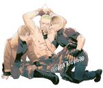  3boys abs bara belt black_belt black_gloves black_pants black_shirt blonde_hair blush boots bound bound_wrists brown_hair brown_jacket clenched_teeth closed_mouth cuffs dual_persona fingerless_gloves gloves hand_on_another&#039;s_chin handcuffs highres jack_krauser jacket katou_teppei large_pectorals leather leather_jacket leon_s._kennedy looking_at_another male_focus multiple_boys muscular muscular_male nipples open_clothes open_jacket open_pants pants pectorals resident_evil resident_evil_4 restrained scar scar_across_eye scar_on_face scar_on_mouth shirt short_hair simple_background smile teeth topless_male twitter_username white_background yaoi 