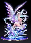  1girl arched_back artist_name bangs banned_artist black_background blue_eyes boots breasts crystal floating_hair flower headgear high_heel_boots high_heels highres large_breasts long_hair looking_at_viewer midori_foo original parted_lips pointy_ears signature solo thigh_boots white_hair wings 