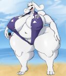  absurd_res anthro ball beach beach_ball belly big_breasts bikini blush boss_monster bovid breasts caprine clothing eyes_closed female floppy_ears goat hand_on_hip hi_res holding_ball holding_object horn huge_breasts huge_thighs hyper hyper_hips hyper_thighs inflatable mammal navel nipple_outline open_mouth overweight overweight_anthro overweight_female relictravor seaside sling_bikini solo swimwear thick_thighs toriel undertale undertale_(series) video_games white_body wide_hips 
