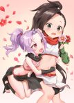  2girls :d absurdres bangs bare_shoulders bike_shorts black_eyes black_gloves black_hair black_legwear black_shorts black_skirt crop_top fang fingerless_gloves flower gloves highres holding hug hug_from_behind kunoichi_tsubaki_no_mune_no_uchi long_hair looking_at_viewer midriff multiple_girls navel open_mouth parted_bangs pelvic_curtain petals pink_shirt ponytail purple_hair red_eyes sazanka_(kunoichi_tsubaki_no_mune_no_uchi) scarf shirt shorts shorts_under_skirt skirt sleeveless sleeveless_shirt smile thighs toeless_legwear tsubaki_(kunoichi_tsubaki_no_mune_no_uchi) white_shirt white_skirt xuan_chu 