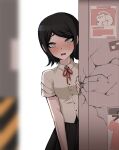  1girl bangs black_hair black_skirt blurry blurry_background blush breasts cat cracked_wall danganronpa:_trigger_happy_havoc danganronpa_(series) dress_shirt freckles grey_eyes highres ikusaba_mukuro in_a looking_at_viewer medium_breasts neck_ribbon photo_(object) pleated_skirt red_ribbon ribbon shirt short_hair short_sleeves skirt solo 