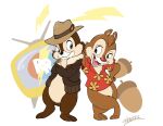  2022 3_toes acorn aloha_shirt anthro biped black_nose bottomless brown_body brown_fur buckteeth chip_&#039;n_dale_rescue_rangers chip_(disney) chipmunk clothed clothing crossed_arms dale_(disney) digital_drawing_(artwork) digital_media_(artwork) disney duo eye_contact featureless_crotch fedora feet flat_colors food fruit fur ground_squirrel hand_on_hip harara hat head_tuft headgear headwear hi_res jacket lightning_bolt looking_aside looking_at_another male mammal nut_(fruit) open_clothing open_jacket open_mouth open_smile open_topwear pattern_clothing pattern_shirt pattern_topwear plant red_nose rodent sciurid shirt signature smile tan_body tan_fur teeth television toes topwear tuft 