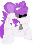  2021 3_fingers anthro blush blush_lines bow_tie clawed_fingers fangs fingers groom hi_res looking_away male nidoking nintendo offering_hand pok&eacute;mon pok&eacute;mon_(species) purple_body renv shaded simple_background simple_shading solo tsundere video_games white_background white_suit 