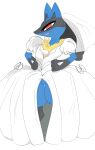  2021 ambiguous_gender anthro black_hair blue_body blue_fur chest_tuft clothing dress fangs fur hair hands_on_hips hi_res looking_at_viewer lucario multicolored_body multicolored_fur nintendo paws pok&eacute;mon pok&eacute;mon_(species) red_eyes renv shaded simple_background simple_shading solo thick_thighs tuft two_tone_body two_tone_fur video_games wedding_dress wedding_veil white_background 