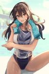  1girl ashigara_(kancolle) bare_arms bare_legs bare_shoulders black_swimsuit blush breasts brown_eyes brown_hair collarbone eyebrows_visible_through_hair hair_between_eyes highres kantai_collection kasumi_(skchkko) large_breasts long_hair one-piece_swimsuit open_mouth smile solo swimsuit 