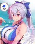  1girl asahi_(fullmetal_madness) bangs beach blue_bow blue_swimsuit blurry blurry_background bow breast_squeeze breasts fate/grand_order fate_(series) hair_between_eyes hair_bow hetero large_breasts long_hair one-piece_swimsuit paizuri paizuri_under_clothes ponytail red_eyes shore smile solo_focus swimsuit tomoe_gozen_(fate) tomoe_gozen_(swimsuit_saber)_(fate) two-tone_swimsuit white_hair white_swimsuit 
