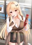  1girl absurdres ahoge blonde_hair blush breasts cleavage clothes_around_waist commission eyebrows_visible_through_hair food hair_between_eyes highres huge_breasts long_hair long_sleeves neko_lu_(wofud453) original pocky red_eyes skindentation solo sweater sweater_around_waist 