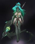  anthro aurora_(kamikazekit) blue_hair blue_markings breasts clothing crown ear_piercing female fin fin_piercing fish furgonomics furry-specific_piercing green_body green_hair green_markings green_skin hair hi_res holding_object holding_spear holding_weapon looking_at_viewer marine markings melee_weapon multicolored_hair multicolored_markings non-mammal_breasts piercing polearm ring robe royalty shark shermugi simple_background solo spear walking weapon 