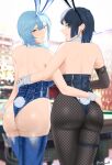  2girls absurdres alternate_costume animal_ears ass back bare_legs black_legwear black_leotard blue_hair blue_legwear blue_leotard blurry blurry_background bracelet breasts closed_mouth dark_blue_hair detached_collar earrings eula_(genshin_impact) fake_animal_ears fishnet_legwear fishnets from_behind genshin_impact gloves green_eyes hand_on_another&#039;s_hip highres jewelry large_breasts leotard light_blue_hair looking_at_viewer looking_back medium_hair multiple_girls nvl pantyhose playboy_bunny rabbit_ears rabbit_tail short_hair side-by-side smile tail thigh_strap thighhighs white_gloves wristband yelan_(genshin_impact) yellow_eyes 
