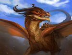  2022 brown_body brown_fur claws day detailed_background digital_media_(artwork) dragon fur horn membrane_(anatomy) membranous_wings muns11 open_mouth orange_eyes outside scales scalie sky spines teeth tongue western_dragon wings 