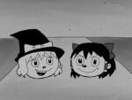  1920s_(style) 2girls bangs bow closed_mouth film_grain greyscale hair_bow hair_tubes hakurei_reimu hat hat_bow kanehisa_kazuya kirisame_marisa looking_at_viewer monochrome multiple_girls open_mouth parody short_hair smile style_parody teeth touhou witch_hat yukkuri_shiteitte_ne 