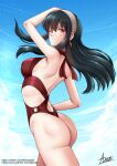  1girl adsouto arm_up ass black_hair blue_sky breasts cloud earrings floating_hair from_side gold_earrings hairband highres jewelry large_breasts long_hair looking_at_viewer looking_to_the_side patreon_username red_eyes red_swimsuit signature sky solo spy_x_family swimsuit twitter_username web_address white_hairband yor_briar 