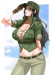 1girl anagumasan arm_behind_back arm_up bare_arms belt black_hair breast_pocket breasts brown_gloves cleavage collared_shirt cowboy_shot gloves green_eyes green_shirt hand_on_headwear hat high_collar highres huge_breasts lips long_hair looking_at_viewer midriff navel nico_robin official_alternate_costume one_piece pants parted_lips plunging_neckline pocket shirt short_sleeves sidelocks smile solo stomach very_long_hair 