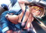  1girl barrel bent_over bikini bikini_under_clothes black_bikini blonde_hair blue_overalls blurry blurry_background blush breasts brown_eyes brown_gloves cleavage collarbone dirty dirty_face djeeta_(granblue_fantasy) gloves granblue_fantasy grin hand_on_mask highres large_breasts looking_at_viewer mechanic_(granblue_fantasy) oil one_eye_closed overall_shorts overalls parted_lips short_hair side-tie_bikini smile solo stir255 string_bikini sweat swimsuit tools welding_mask wrench 