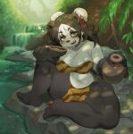  alcohol anthro beverage big_breasts blizzard_entertainment bottomwear breasts cleavage clothed clothing curvy_figure drunk female hi_res kaeritai07 loincloth mammal pandaren sitting solo substance_intoxication thick_thighs ursid video_games voluptuous warcraft waterfall wide_hips 
