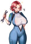  1girl bangs blush bodysuit breasts clover clover_print collar eyebrows_visible_through_hair fortune_(last_origin) four-leaf_clover highres large_breasts last_origin looking_at_viewer mechanical_arms onesword open_mouth parted_bangs red_eyes red_hair shiny shiny_hair shirt short_hair single_mechanical_arm smile tight tight_shirt 