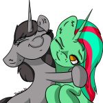  ambiguous_gender duo embrace equid equine eyelashes fan_character female female/female feral figure_eight friendship_is_magic fur green_body green_fur green_hair grey_body grey_fur grey_hair hair hasbro highlights_(coloring) horn horse hug inner_ear_fluff mammal my_little_pony one_eye_closed pony smile tuft unicorn yellow_eyes 