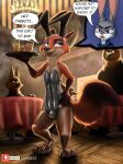  absurd_res anthro bulge bunny_costume canid canine clothed clothing costume crossdressing disney duo fake_ears fake_rabbit_ears fox genitals girly hi_res judy_hopps legwear link6432 male mammal nick_wilde penis red_fox smile text zootopia 