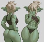 1girl abs absurdres back bangs clothes_lift colored_skin earrings goblin green_skin hands_on_hips highres jewelry long_bangs m4rjinn muscular muscular_female notched_ear original panties pointy_ears shirt_lift solo tank_top thick_thighs thighs underwear white_hair 