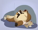  anthro belly big_belly canid canine canis cuddling duo food giant_panda locofur looking_pleasured lying male male/male mammal on_back overweight overweight_anthro overweight_male sitting smile ursid wolf 
