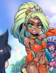  3girls ahri_(league_of_legends) alternate_costume arabian_clothes bangs bikini blonde_hair breasts collarbone dark-skinned_female dark_skin day detached_sleeves earrings facial_mark fur_trim green_eyes green_hair grin heart heart-shaped_eyes jewelry large_breasts league_of_legends long_hair medium_hair multicolored_hair multiple_girls navel neeko_(league_of_legends) nidalee ocean_song_nidalee outdoors palm_tree phantom_ix_row pink_hair ponytail purple_hair shiny shiny_hair skirt smile stomach swimsuit teeth tree two-tone_hair 