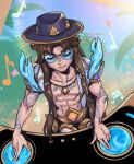  1boy abs arm_tattoo bangs black_headwear blue_shirt closed_eyes collarbone day dj emphasis_lines grey_shirt jewelry league_of_legends long_hair male_focus musical_note necklace ocean_song_yone open_clothes open_shirt parted_bangs phantom_ix_row shiny shiny_hair shirt short_sleeves solo sunglasses tattoo yone_(league_of_legends) 
