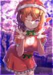  1girl bangs blurry blurry_background bow bowtie breasts christmas cleavage cleavage_cutout clothing_cutout detached_collar dress earrings fur-trimmed_dress fur-trimmed_headwear fur_trim gochuumon_wa_usagi_desu_ka? green_bow green_bowtie hair_between_eyes hat heart heart_cutout highres hoto_cocoa jewelry large_breasts leaning_forward looking_at_viewer medium_hair one_eye_closed orange_hair outdoors poka_poka_neko purple_eyes red_dress santa_costume santa_hat short_dress snowflake_earrings snowflakes twitter_username 