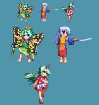  3girls antennae aqua_hair barefoot butterfly_wings dress eternity_larva fairy green_dress green_eyes green_hair hair_between_eyes holding holding_weapon horns kariyushi_shirt komano_aunn leaf leaf_on_head long_hair multicolored_clothes multicolored_dress multiple_girls nata_(tool) open_mouth orange_dress orange_eyes pixel_art quwanti red_dress red_eyes red_shirt sakata_nemuno shirt short_hair short_sleeves shorts single-shoulder_dress single_horn smile touhou weapon white_hair white_shorts wings yellow_dress 