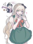  1boy 1girl :d bangs black_bow black_hair blonde_hair blush bow braid cham-p cowboy_shot cropped_torso danganronpa_(series) danganronpa_2:_goodbye_despair dress eyebrows_visible_through_hair green_dress grey_eyes grey_hair hair_bow hamster harami_(qz48lr) heart heterochromia highres jum-p long_hair looking_at_viewer maga-g multicolored_hair open_mouth pinafore_dress pink_scarf pointing pointing_at_viewer puffy_short_sleeves puffy_sleeves red_eyes scarf short_sleeves smile sonia_nevermind speech_bubble sun-d tanaka_gandamu translation_request 