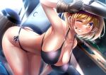  1girl barrel bent_over bikini black_bikini blonde_hair blurry blurry_background blush breasts brown_eyes brown_gloves cleavage collarbone dirty dirty_face djeeta_(granblue_fantasy) gloves granblue_fantasy grin hand_on_mask highres large_breasts looking_at_viewer mechanic_(granblue_fantasy) oil one_eye_closed parted_lips short_hair side-tie_bikini smile solo stir255 string_bikini sweat swimsuit tools welding_mask wrench 