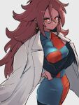  1girl android_21 breasts checkered_clothes checkered_dress crossed_arms dragon_ball dragon_ball_fighterz dress earrings glasses grey_background hair_between_eyes hoop_earrings jewelry kemachiku labcoat long_hair looking_at_viewer medium_breasts pantyhose red_eyes red_hair simple_background solo 