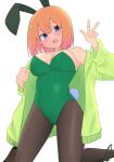  1girl :d animal_ears bangs bare_shoulders black_footwear black_legwear blue_eyes blush breasts commentary covered_navel eyebrows_behind_hair fake_animal_ears feet_out_of_frame go-toubun_no_hanayome green_jacket green_leotard hair_between_eyes hands_up highres jacket kneeling kujou_karasuma large_breasts leotard long_sleeves looking_at_viewer nakano_yotsuba off_shoulder open_clothes open_jacket orange_hair pantyhose playboy_bunny puffy_long_sleeves puffy_sleeves rabbit_ears rabbit_tail shoes signature simple_background smile solo strapless strapless_leotard symbol-only_commentary tail v white_background 