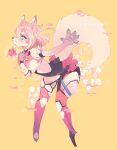 absurd_res anthro black_nose blue_eyes breasts clothed clothing dipstick_ears eyelashes female fluffy fluffy_tail fur glistening glistening_eyes grin hair hi_res inner_ear_fluff leaning leaning_forward multicolored_ears pekuza041 pink_body pink_fur pink_hair purple_body purple_ears purple_fur side_view simple_background smile solo standing tan_body tan_fur tan_tail teeth tuft yellow_background 