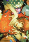  1girl balloon confetti highres kataruruni lips looking_at_viewer orange_hair orange_shirt paprika paprika_(character) shirt short_hair short_sleeves solo_focus 