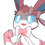  anger_vein angry blue_sclera bow clenched_hand colored_sclera commentary_request fang hanamoru hand_up no_humans open_mouth pink_bow pokemon pokemon_(creature) ribbon shaded_face simple_background skin_fang smile solo sylveon upper_body white_background white_eyes white_ribbon 