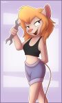  absurd_res anthro bottomwear chip_&#039;n_dale_rescue_rangers clothing disney female funktilda gadget_hackwrench hand_behind_back hi_res holding_object looking_at_viewer mammal midriff mouse murid murine open_mouth open_smile rodent shorts smile solo tools wrench 