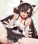  1girl alternate_costume animal_ears black_dress blush breasts brown_eyes brown_hair dress efe elbow_gloves enmaided eyebrows_visible_through_hair frilled_dress frills gloves hair_between_eyes highres imaizumi_kagerou implied_sex large_breasts long_hair maid maid_headdress open_mouth sexually_suggestive solo tail touhou white_gloves wolf_ears wolf_tail 