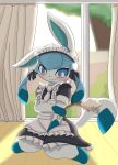  absurd_res ambiguous_gender anthro anthrofied blue_body blue_eyes blue_hair blush broom cleaning_tool clothing covering covering_self curtains curtains_open eeveelution embarrassed glaceon hair hanabi162271945 hi_res maid_apron maid_headdress maid_uniform nintendo plant pok&eacute;mon pok&eacute;mon_(species) solo tree uniform video_games window window_light 