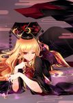  1girl absurdres black_dress black_headwear black_nails blonde_hair chinese_clothes dress egasumi eyebrows_visible_through_hair fingernails highres holding junko_(touhou) junko_day long_hair long_sleeves nail_polish one_eye_closed parted_lips phoenix_crown pointy_ears raptor7 red_eyes solo tabard touhou wide_sleeves 