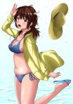  1girl absurdres amagami bangs bikini blue_bikini breasts brown_eyes brown_hair commentary_request cowboy_shot hat hat_removed headwear_removed highres jishaku_(user_rcuz2843) large_breasts looking_at_viewer medium_hair plump sakurai_rihoko sandals side-tie_bikini sidelocks solo swimsuit 