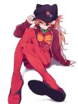  1girl absurdres adjusting_clothes adjusting_headwear animal_hat black_headwear blue_eyes bodysuit breasts cabbie_hat cat_hat evangelion:_3.0_you_can_(not)_redo eyepatch full_body hat highres jacket long_hair looking_at_viewer medium_breasts nail_polish neon_genesis_evangelion netapai1 open_clothes open_jacket orange_hair pilot_suit pink_nails rebuild_of_evangelion red_bodysuit red_jacket simple_background sitting skin_tight souryuu_asuka_langley track_jacket white_background 