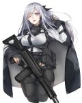  1girl ak-12 ak-12_(girls&#039;_frontline) assault_rifle black_gloves black_pants breasts girls&#039;_frontline gloves grey_hair gun highres kalashnikov_rifle large_breasts long_hair long_sleeves magazine_(weapon) marche_mk14 one_eye_closed pants partially_fingerless_gloves purple_eyes rifle solo standing tactical_clothes weapon 