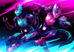  2boys \m/ blue_armor demon demon_boy demon_tail giffard_rex giffard_rex_vistamp gloves highres kamen_rider kamen_rider_revi kamen_rider_revice kamen_rider_ultimate_revi kamen_rider_ultimate_vice kamen_rider_vice kicking multicolored_clothes multicolored_gloves multiple_boys official_alternate_costume otokamu pink_armor pink_gloves revice_driver rider_kick sharp_teeth tail teeth tokusatsu tyrannosaurus_rex visor visor_(armor) 