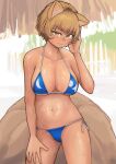  1girl absurdres animal_ears bangs bikini blonde_hair blue_bikini blush breasts chanta_(ayatakaoisii) contrapposto cowboy_shot eyebrows_visible_through_hair fox_ears fox_tail hand_up highres large_breasts looking_at_viewer multiple_tails navel no_hat no_headwear short_hair simple_background slit_pupils solo sweat swimsuit tail tan tanlines touhou wet yakumo_ran yellow_eyes 