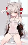  1girl absurdres amatsukaze_(kancolle) bare_legs blush collarbone covered_navel eyebrows_visible_through_hair fathom grey_hair hair_between_eyes hair_tubes highres kantai_collection long_hair one-piece_swimsuit open_mouth school_swimsuit see-through solo spoken_blush swimsuit two_side_up white_swimsuit windsock yellow_eyes 