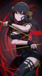  1girl absurdres black_dress black_hair black_legwear blood breasts cleavage closed_mouth dagger dress eyebrows_visible_through_hair gold_hairband highres holding holding_dagger holding_weapon knife lnji_(rnlwls34) long_hair looking_at_viewer medium_breasts red_eyes solo spy_x_family thighhighs weapon yor_briar 