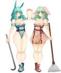  2girls animal_ears aqua_hair bare_shoulders breasts broom brown_dress brown_eyes brown_footwear character_request closed_mouth collarbone crowbar dog_ears dress eyebrows_visible_through_hair full_body green_hair grey_footwear highres holding holding_broom kasodani_kyouko large_breasts looking_at_viewer medium_hair multiple_girls simple_background standing strapless strapless_dress thighs tomatolover16 touhou white_background 